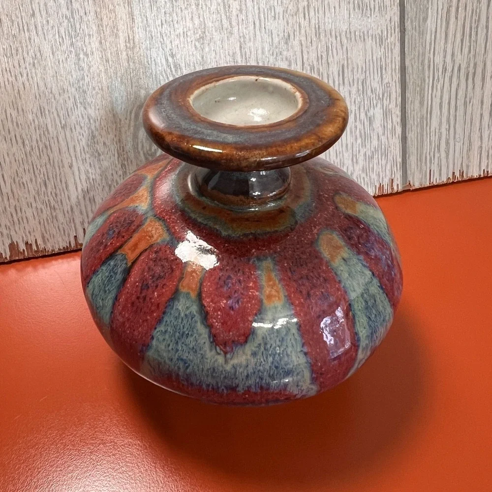 Quality‎ small pottery vase blues and pinks and teals, signed Vintage